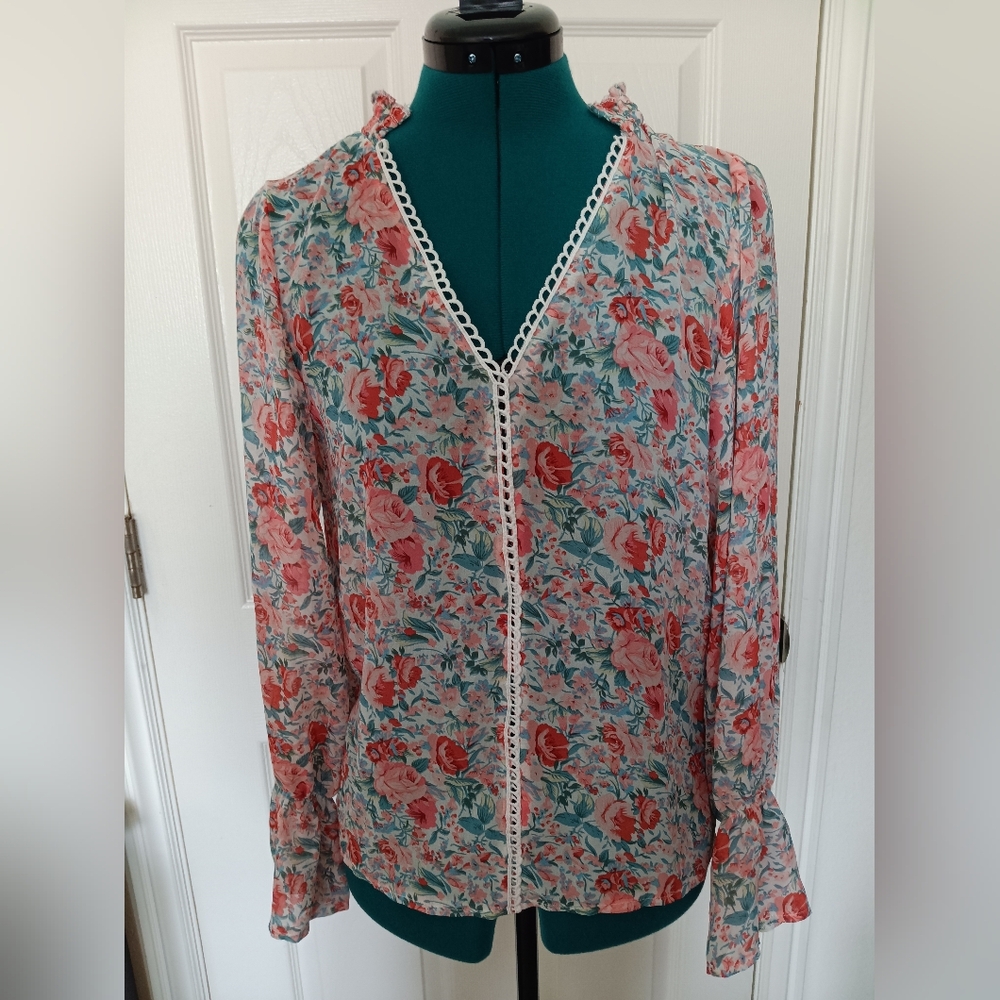 Floral V-Neck Blouse - Pink and Green